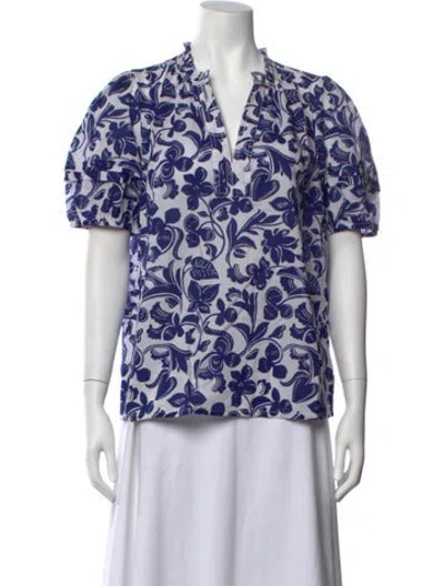 Pre-owned Banjanan Floral Print V-neck Top W/ Tags In Blue