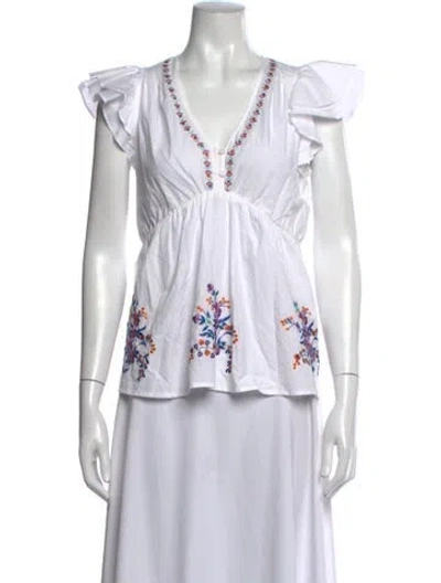 Pre-owned Banjanan Floral Print V-neck Top In White