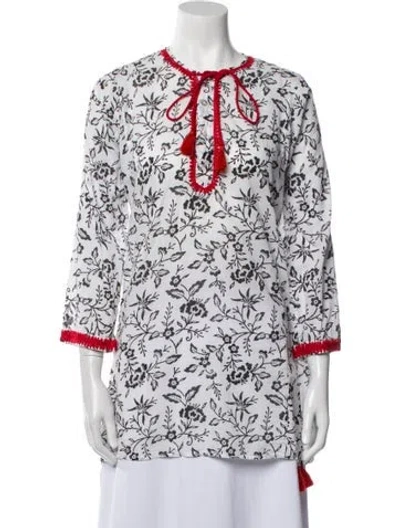 Pre-owned Banjanan Floral Print V-neck Tunic In White