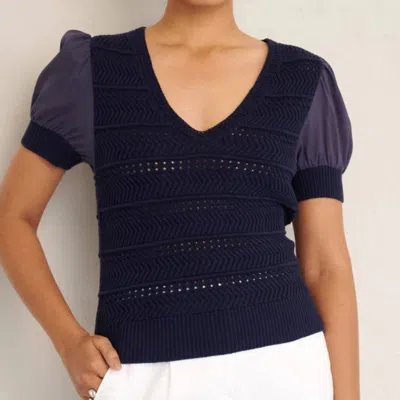 Banjanan Oxford Patti V-neck Top In Navy In Blue