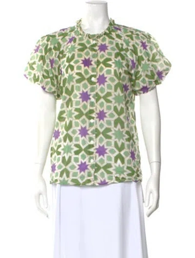 Pre-owned Banjanan Patterned Short Sleeve Blouse In Green