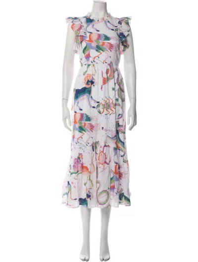 Pre-owned Banjanan Printed Midi Length Dress In White