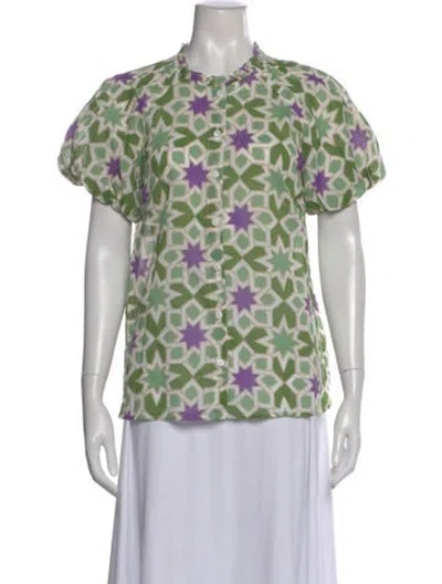 Pre-owned Banjanan Printed Short Sleeve Blouse In Green