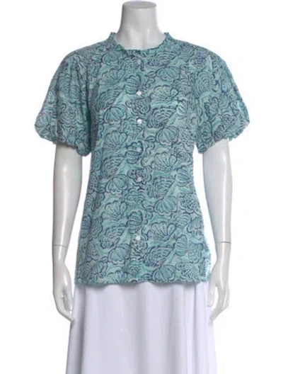 Pre-owned Banjanan Printed Short Sleeve Blouse W/ Tags In Blue