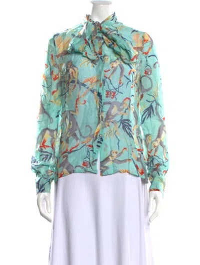 Pre-owned Banjanan Printed Tie Neck Blouse In Blue