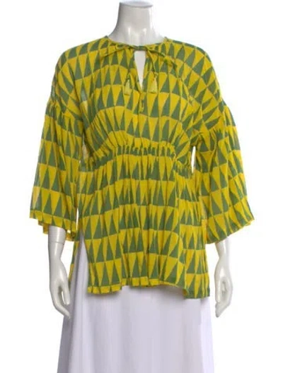 Pre-owned Banjanan Printed Tie Neck Blouse In Green