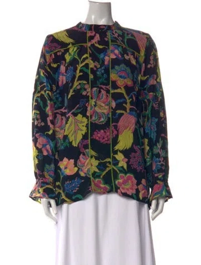 Pre-owned Banjanan Silk Floral Print Blouse In Black
