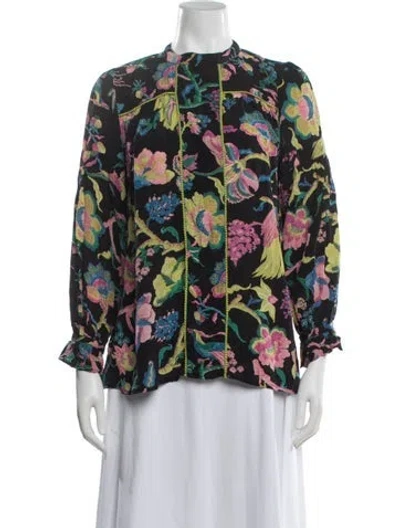 Pre-owned Banjanan Silk Floral Print Blouse In Black