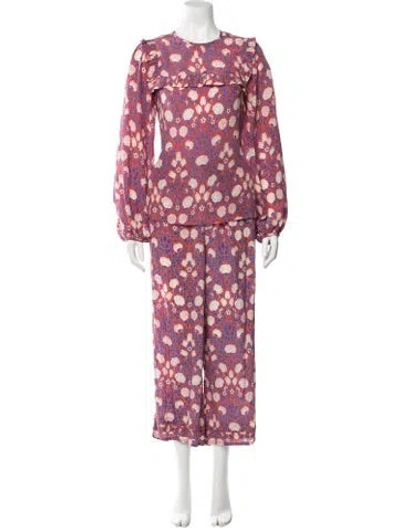 Pre-owned Banjanan Silk Floral Print Pant Set In Orange