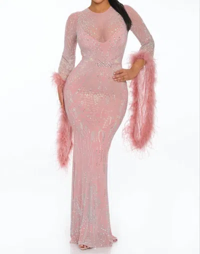 Banjul Zsa Zsa Gabor Goddess Feather Bell Sleeve Bedazzled Maxi Gown Dress In Pink