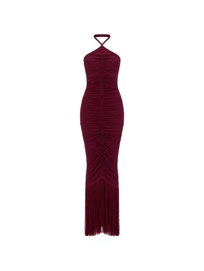 Baobab Zoe Ruched Fringe-detail Maxi Dress In Burgundy