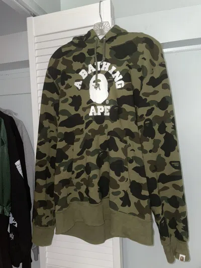 Pre-owned Bape 1st Camo College Pullover Hoodie In Green