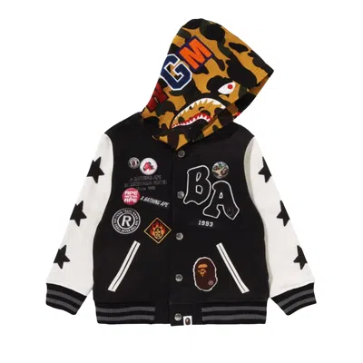 Pre-owned Bape 1st Camo Shark Hoodie Print Sweat Varsity Jacket 'black' | Kid's Size 130