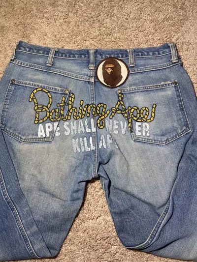 Pre-owned Bape 2010  Asnka Cursive Logo Paint Print Graphic Jeans Large In Blue