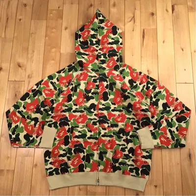 Pre-owned Bape Aoyama Limited Fire Camo Full Zip Hoodie Ape Flame In Green/red