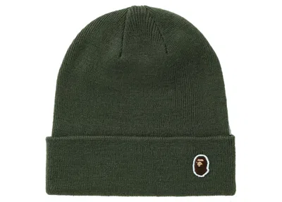 Pre-owned Bape Ape Head One Point Knit Cap (fw21) In Olivedrab Green