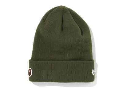 Pre-owned Bape Ape Head One Point New Era Knit Beanie In Olive Drab