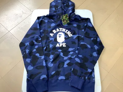 Pre-owned Bape Authentic A Bathing Ape  Color Camo College Pullover Hoodie Navy M L Xl In Blue
