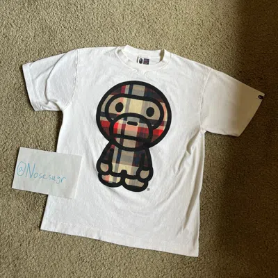 Pre-owned Bape Authentic  2000's Plaid Monkey Tee M In White