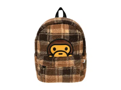Pre-owned Bape Baby Milo Check Sherpa Medium Backpack In Beige In Sand
