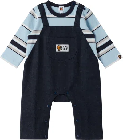 Bape Baby Navy Layered Overall Romper In Nvy-navy