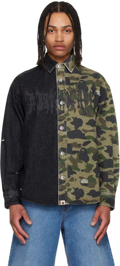 Bape Black 1st Camo Blocking Destroyed Heavy Wash Logo Denim Shirt In Blk-black