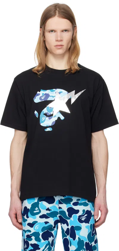 Bape Black Abc Camo Ape Face Sta T-shirt In Black X Blue