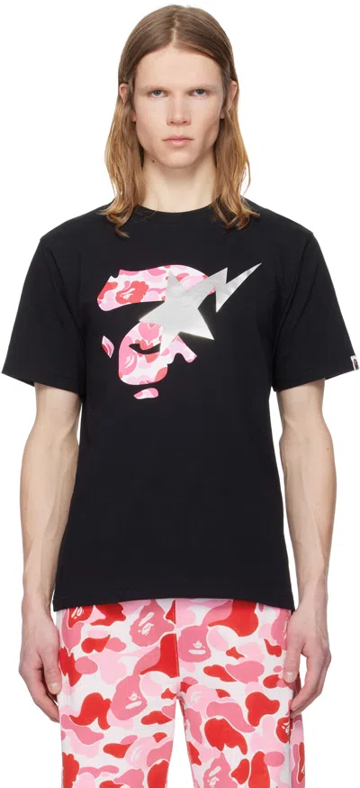 Bape Black Abc Camo Ape Face Sta T-shirt In Black X Pink
