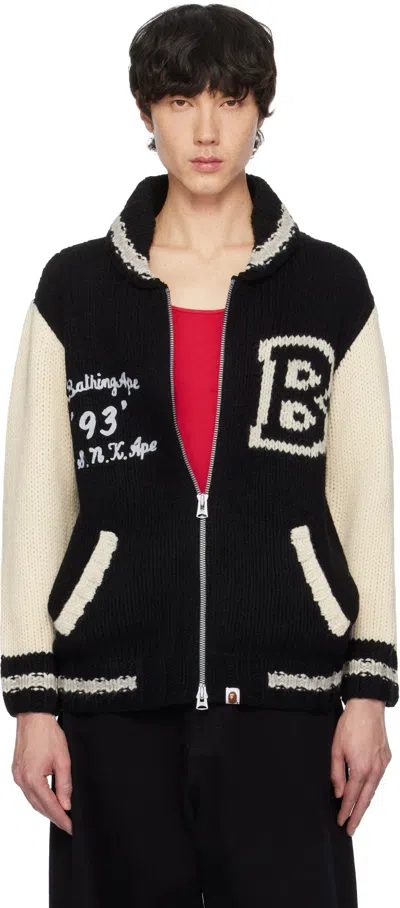 Bape Black & Off-white 'a Bathing Ape' Cowichan Cardigan