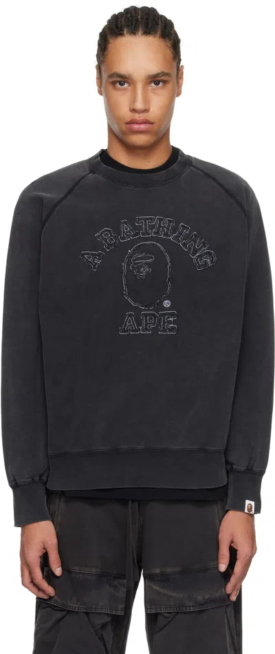 Bape Black Washed Effect College Patch Relaxed Fit Sweatshirt