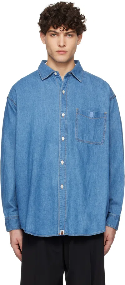 Bape Blue Champion Relaxed Fit Denim Shirt In Lightindi