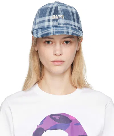 Bape Blue Check Denim Panel Cap In Indigo