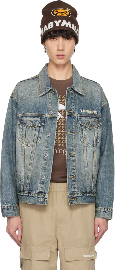 Bape Blue Distressed 13 oz Trucker Denim Jacket In Light Indigo