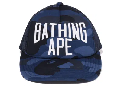 Pre-owned Bape Camo Nyc Logo Mesh Cap (fw22) In Navy Blue