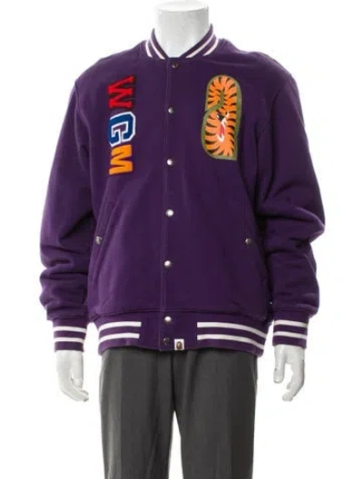 Pre-owned Bape Camo Shark Graphic Print Varsity Jacket In Purple