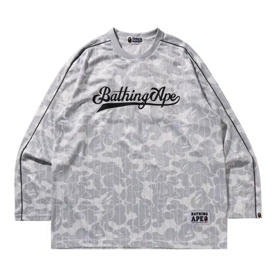 Pre-owned Bape Camo Stripe Baseball Logo Relaxed Fit Long-sleeve Tee 'grey' | Men's Size S In Gray