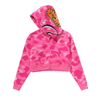 Pre-owned Bape Color Camo Crystal Stone Shark Cropped Full Zip Hoodie 'pink' | Women's Size M
