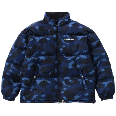 Pre-owned Bape Color Camo Reversible Down Jacket 'navy' In Blue