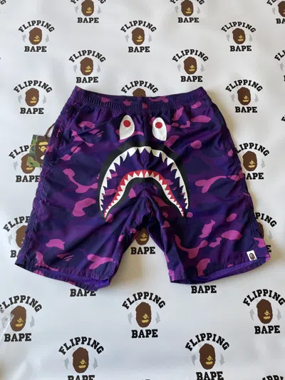 Pre-owned Bape Color Camo Shark Beach Shorts L In Purple