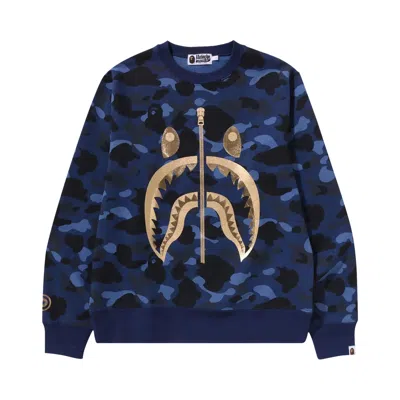 Pre-owned Bape Color Camo Shark Crewneck 'navy' In Blue