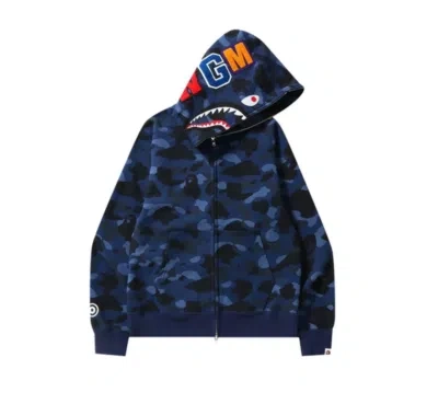 Pre-owned Bape Color Camo Shark Full Zip Hoodie Navy [001zpj201003mnvy]