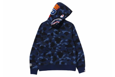 Pre-owned Bape Color Camo Shark Pullover Hoodie Navy