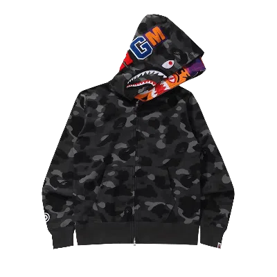 Pre-owned Bape Color Camo Tiger Shark Wide Full Zip Double Hoodie 'black'