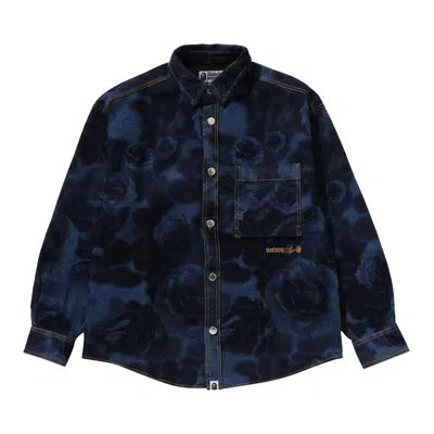 Pre-owned Bape Floral Camo Jacquard 13oz Denim Long-sleeve Shirt 'navy' In Blue