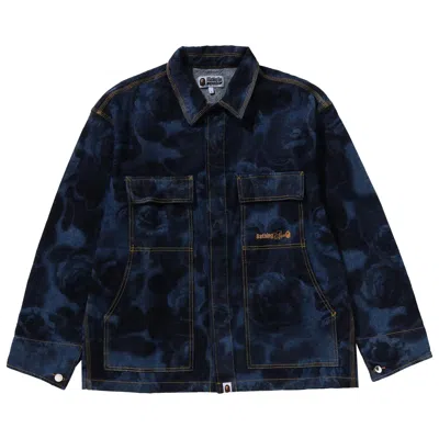 Pre-owned Bape Floral Camo Jacquard 13oz Denim Work Jacket 'navy' In Blue