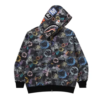 Pre-owned Bape Floral Camo Shark Relaxed Fit Full Zip Hoodie 'black' In Multi-color