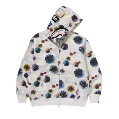 Pre-owned Bape Floral Camo Shark Relaxed Fit Full Zip Hoodie 'ivory' In Multi-color