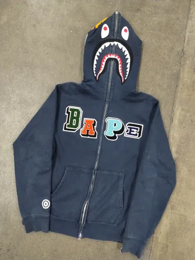 Pre-owned Bape Full Zip Shark Hoodie With Chest Patch In Navy