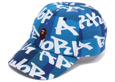 Pre-owned Bape Graffiti Check Panel Cap In Blue