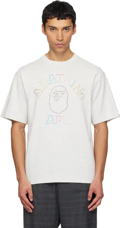 Bape Gray Rhinestone College Relaxed Fit T-shirt In White